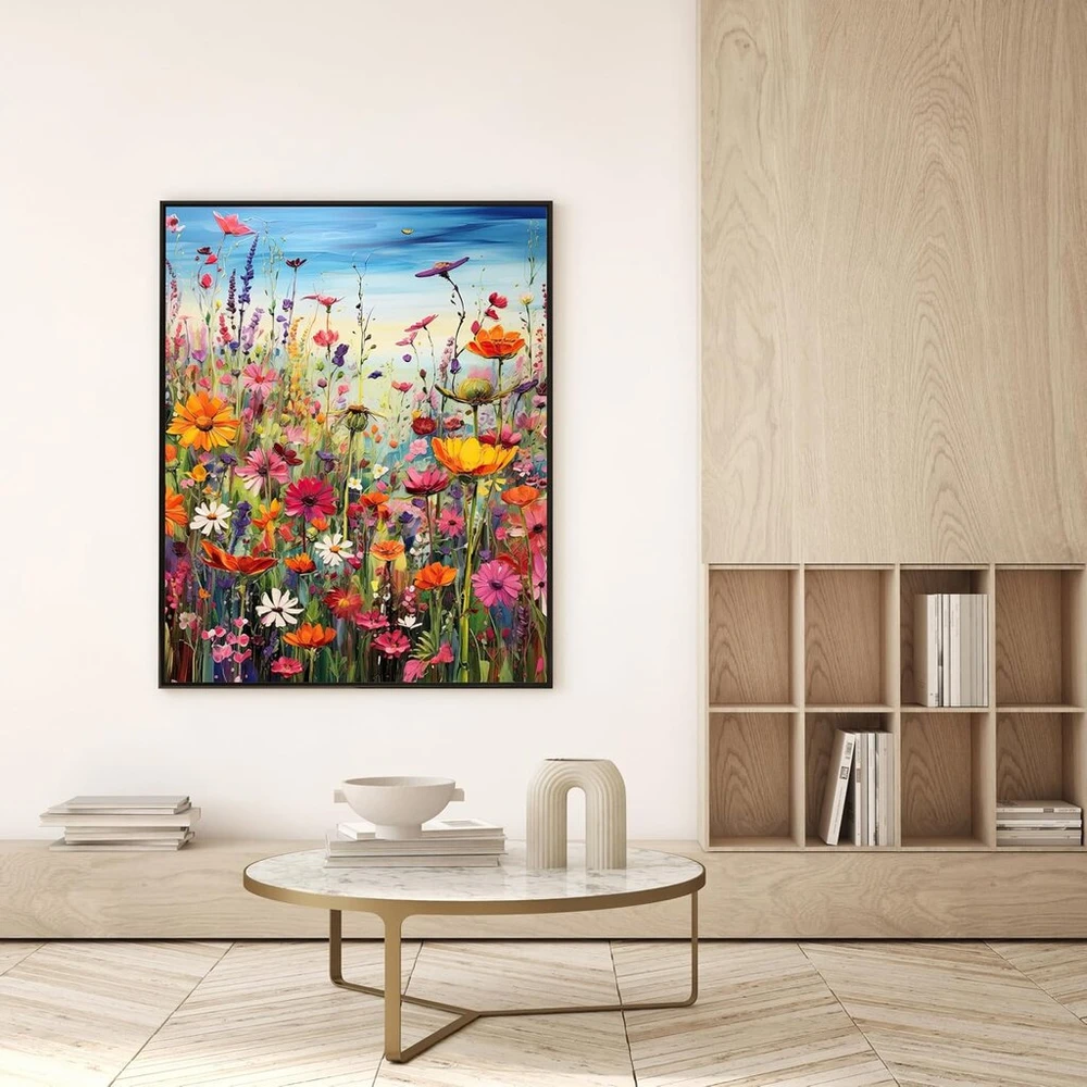 Aapxi piešimas pagal skaičius suaugusiems Gėlių pieva - piešimas pagal skaičius pradedantiesiems ir vaikams, drobės meno sienų dekoracija gamtos motyvais 40 x 30 cm (be rėmo)