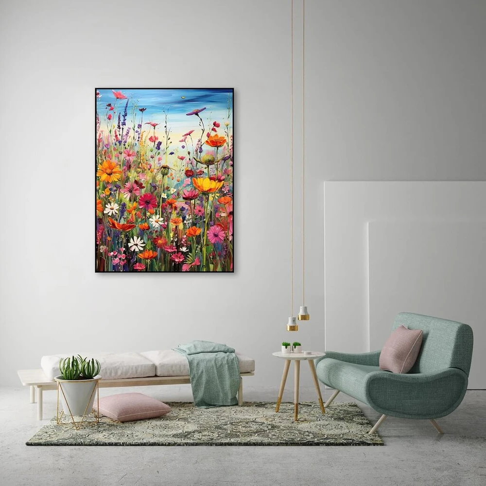 Aapxi piešimas pagal skaičius suaugusiems Gėlių pieva - piešimas pagal skaičius pradedantiesiems ir vaikams, drobės meno sienų dekoracija gamtos motyvais 40 x 30 cm (be rėmo)
