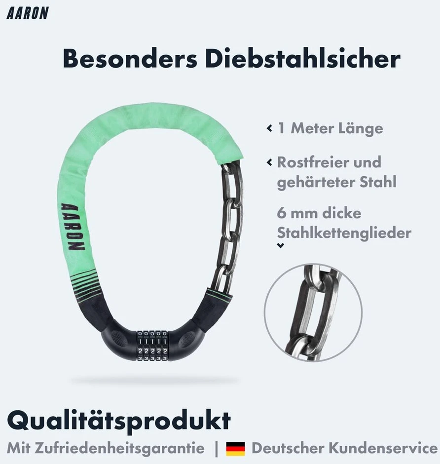 Aaron Lock One dviračio spyna su 5 skaitmenų kombinacijos kodu, plieninė grandininė spyna ir aukšto saugumo lygio spyna, skirta elektriniams, kalnų, trekingo, turistiniams, plento dviračiams, mėtinės spalvos