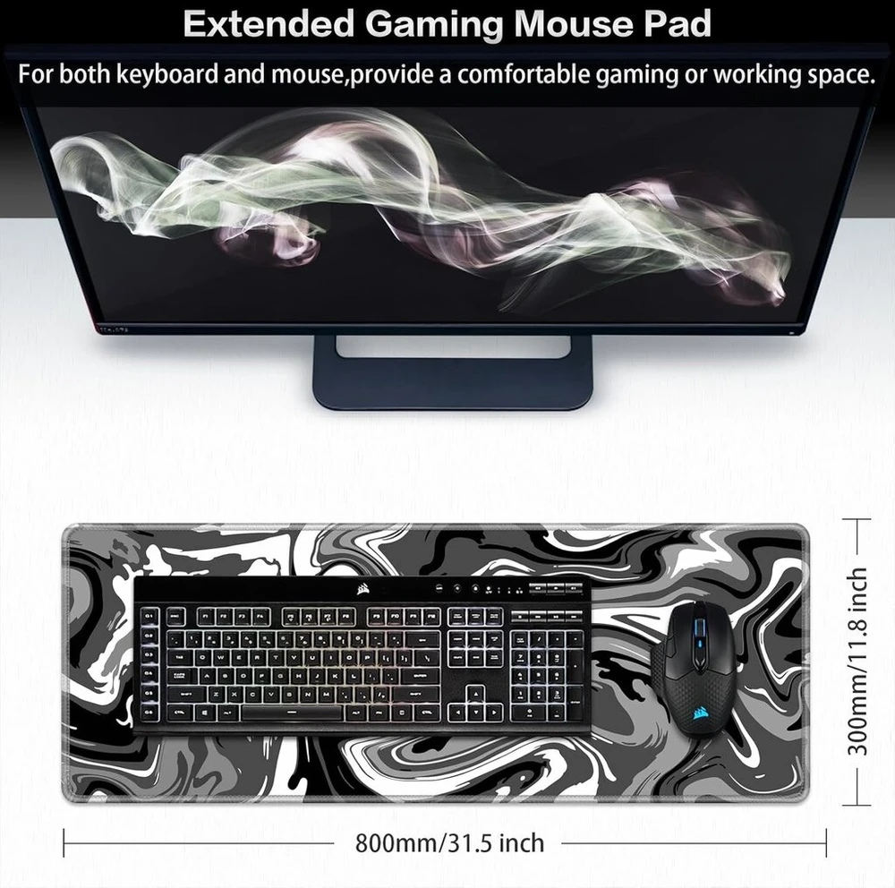 Abetcabe Gaming pelės kilimėlis Xl, pelės kilimėlis 800 x 300 mm, Fluid Art pelės kilimėlis, dideli apsiūti kraštai, atsparus vandeniui, neslystantis, skirtas Pc, nešiojamam kompiuteriui, pagerina tikslumą ir greitį