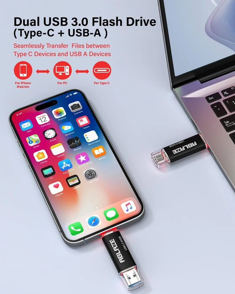 Ablaze Usb C atmintinė 64 Gb, Usb atmintinė 5 vnt. Otg 2-in-1 Usb 3.0 atmintinė, dviguba Usb A + Type C atmintinė, skirta Type-c mobiliesiems telefonams, išmaniesiems telefonams, nešiojamiesiems kompiuteriams, Pc, planšetiniams kompiuteriams, Mac