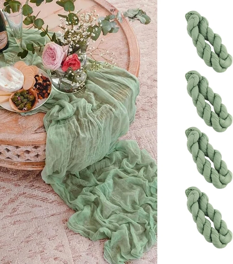 Abnaok staltiesių rinkinys, 4 vnt., žalias, 90 x 300 cm, sūrio audinio staltiesė, muslinas vestuvių arkai, vestuvių, mergvakario, gimtadienio vakarėliui