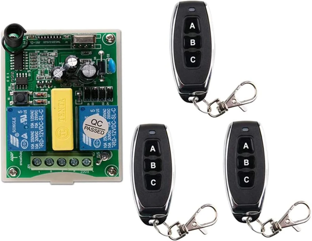 Ac 220vac rf 2 kanalų belaidis nuotolinio valdymo pultas 1 x imtuvas + 3 x siųstuvas žarnos variklis garažo durų projekcinis ekranas gervė 3 mygtukų variklio valdymas pirmyn ir atgal