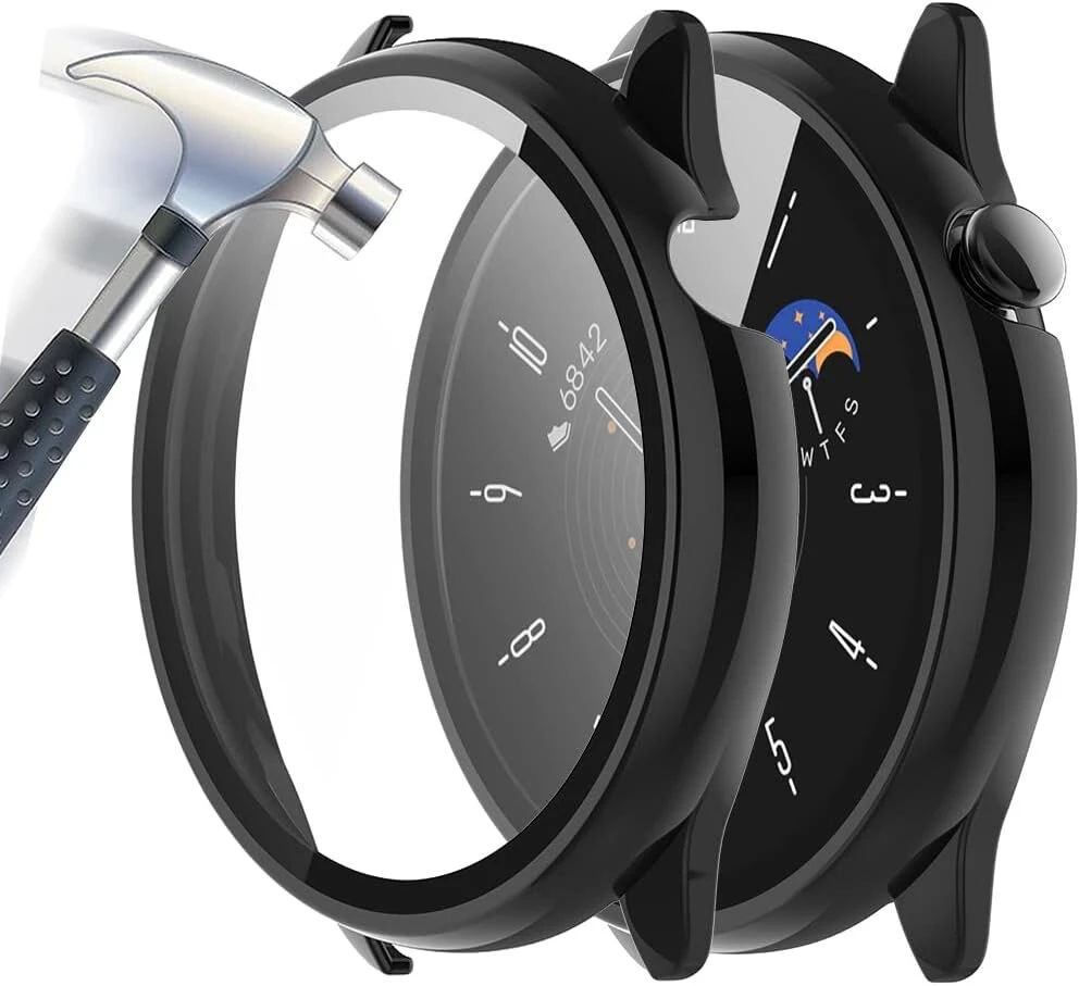 Acadeny 2 dėklų rinkinys su grūdinto stiklo ekrano apsauga, suderinamas su Amazfit Gtr Mini, 9h kietumas, 360° visapusiška apsauga, itin plonas apsauginis pc dėklo dangtelis, juodas + juodas