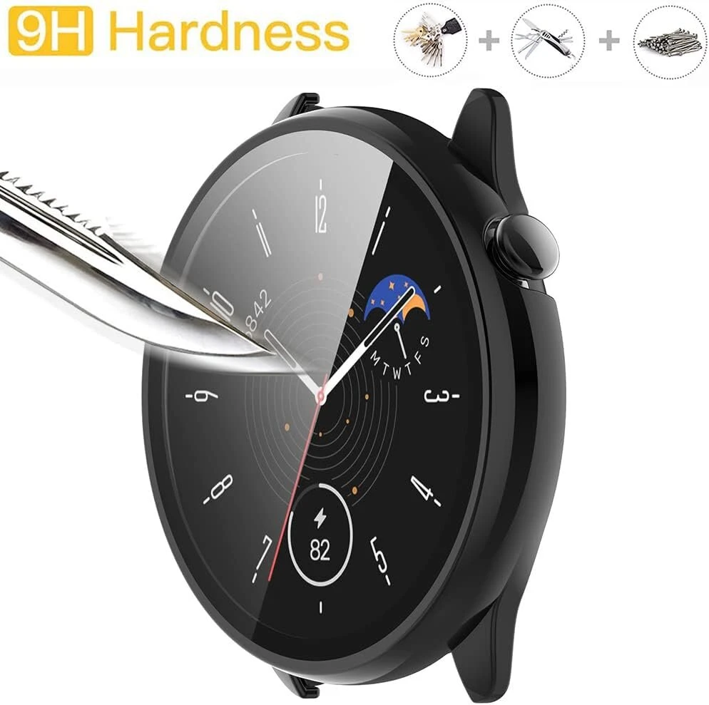 Acadeny 2 dėklų rinkinys su grūdinto stiklo ekrano apsauga, suderinamas su Amazfit Gtr Mini, 9h kietumas, 360° visapusiška apsauga, itin plonas apsauginis pc dėklo dangtelis, juodas + juodas