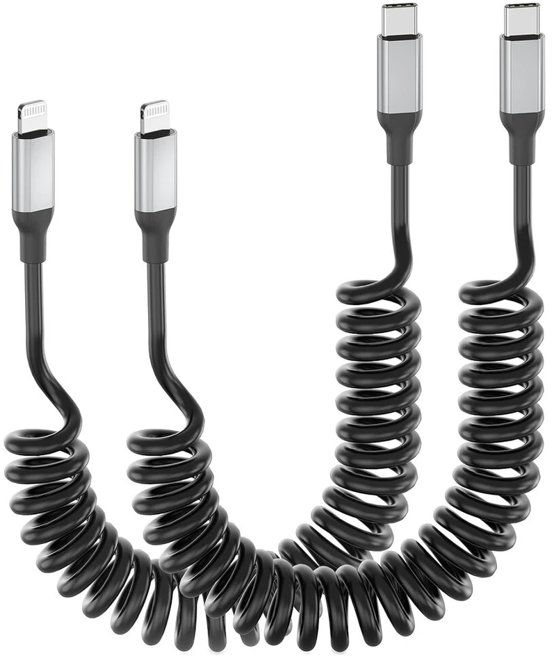 Acecene usb c į lightning spiralinis kabelis [2 vnt.], mfi sertifikuotas carplay kabelis iphone įkrovimo kabelis trumpas, 2.4a usb c į lightning kabelis, skirtas iphone 14 13 12 11 pro max x xs xr 8 7 6 plus se - juodas