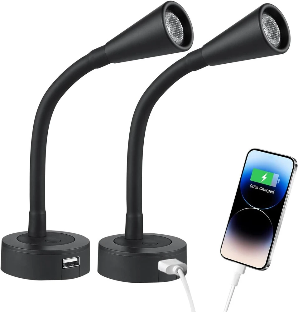 Acegoo 2 x Spot skaitymo lemputė 12 V Led kemperio valties sieninis šviestuvas, reguliuojamas skaitymo šviestuvas su lanksčiu gooseneck tipo laikikliu, 3200 K, su integruotu reguliatoriumi ir Usb įkrovikliu automobiliui, furgonui, karavano vidaus apšvieti