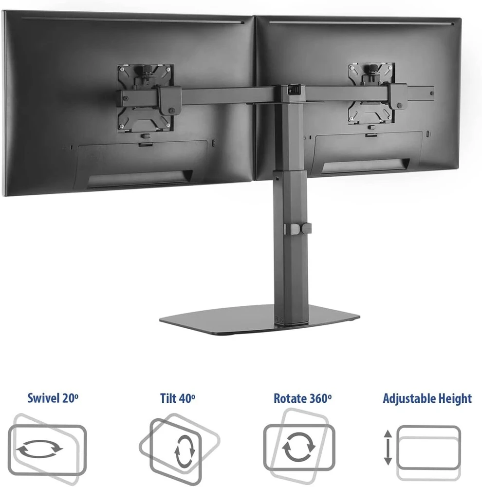 Monitorius Act Ac8332 monitoriaus laikiklis 2 monitoriams su dujine spyruokle iki 27 colių vesa 75/100 mm monitoriaus laikiklis pakreipiamas 40° pasukamas 90° pasukamas 360° svoris maks. 6kg