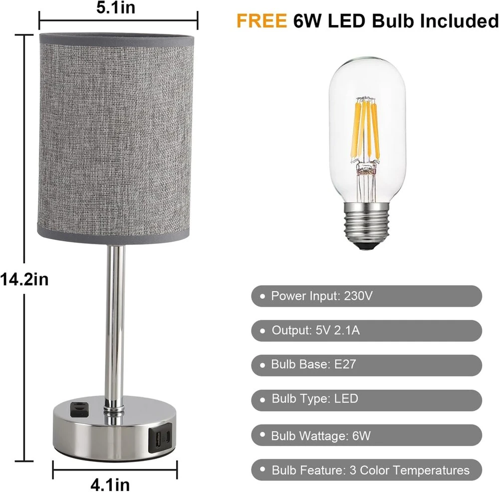 ActiveJet Led Stalo Lempa su Usb, Jutiklinis Pritemdymas, Lininis Gaubtas, Pilka