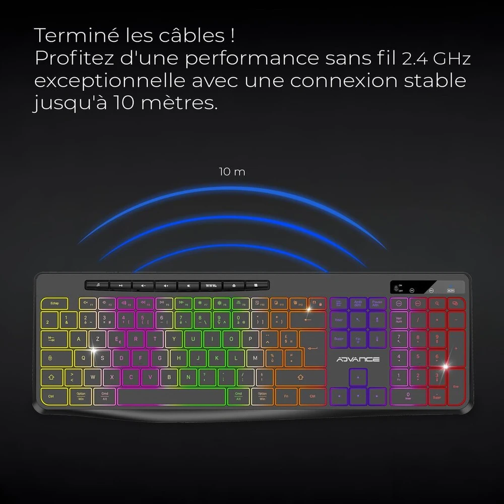 Ad Advance R Type belaidė klaviatūra, tyli, įkraunama, ergonomiški klavišai su apšvietimu, prancūziškas išdėstymas, ilgas baterijos veikimo laikas, 2.4 Ghz jungtis, suderinama su Windows, Mac