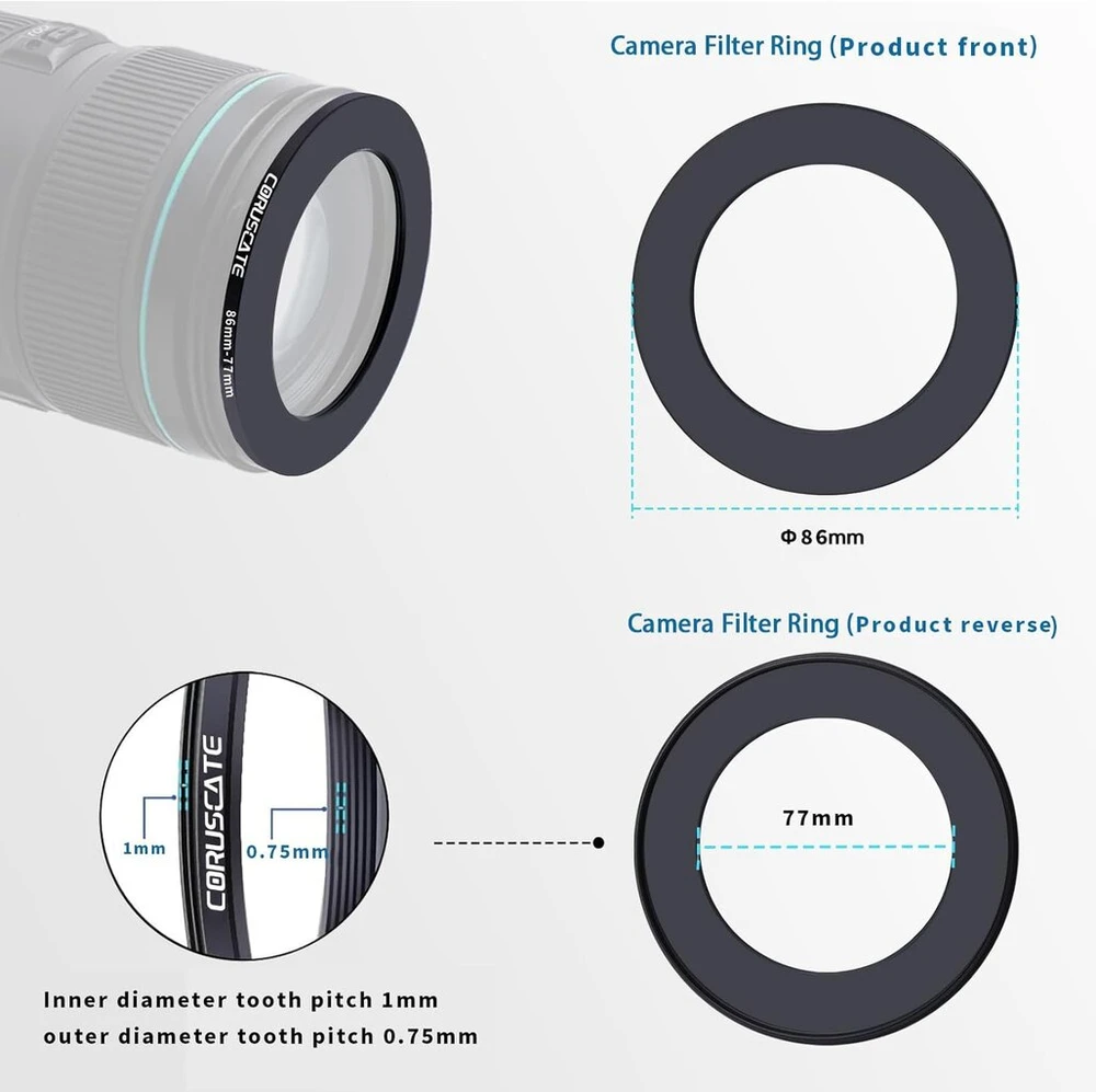Adapterio žiedas 86 mm - 77 mm objektyvams ir filtroms + valymo šluostė