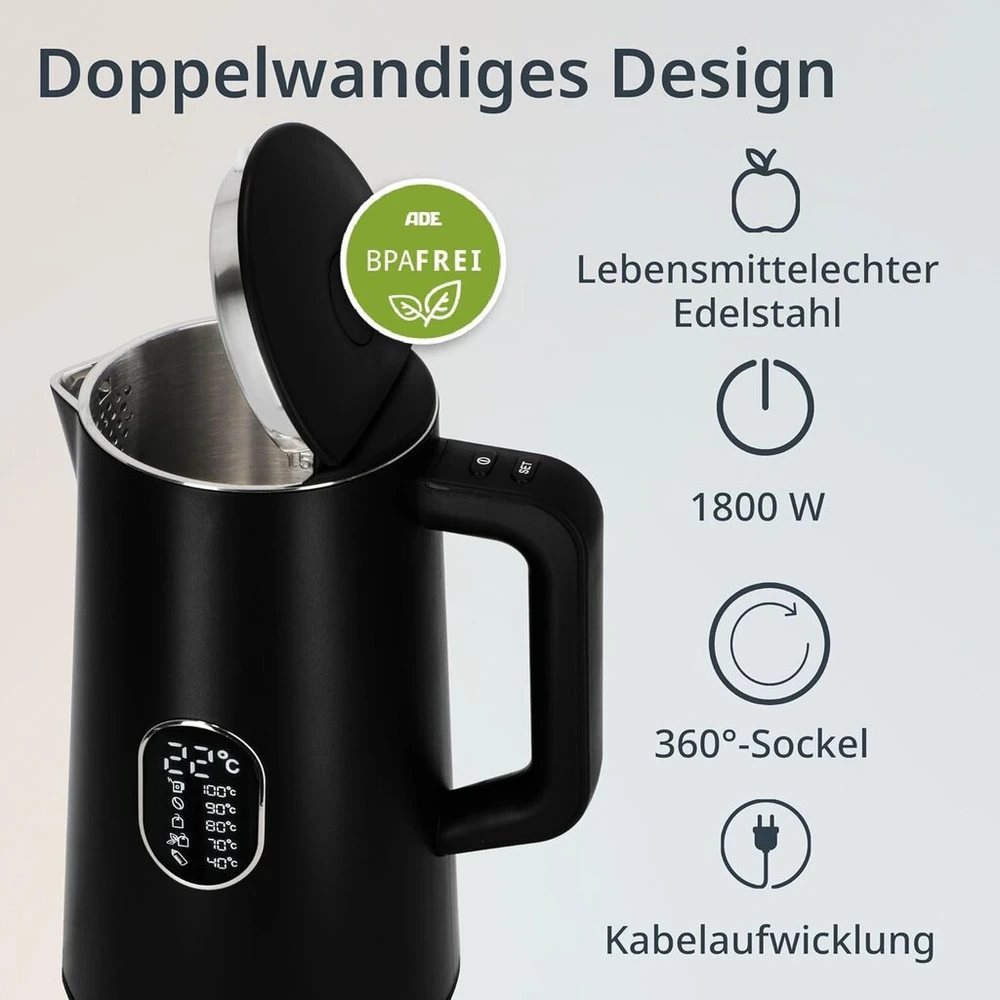 Ade energiją taupantis virdulys su temperatūros reguliavimu, 40–100 °c, 1,5 litro, nerūdijantis plienas, be Bpa, matinės juodos spalvos