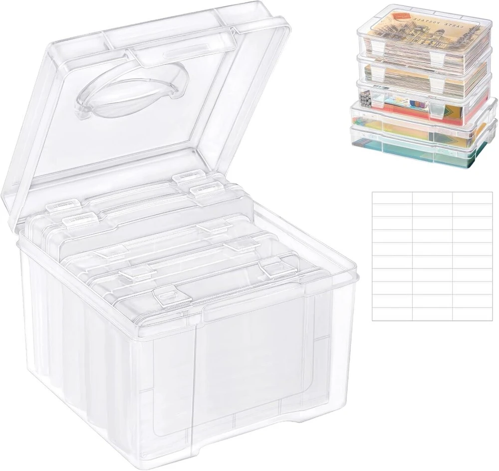 Adorbox skaidri nuotraukų dėžutė, 21 x 21 cm dėžutė, nuotraukų dėklas, 5 vidiniai nuotraukų organizatoriai, skaidrios nuotraukų dėžutės saugojimui, 1 etikečių lipdukų lapas rankdarbiams, kortelėms, biuro reikmenims