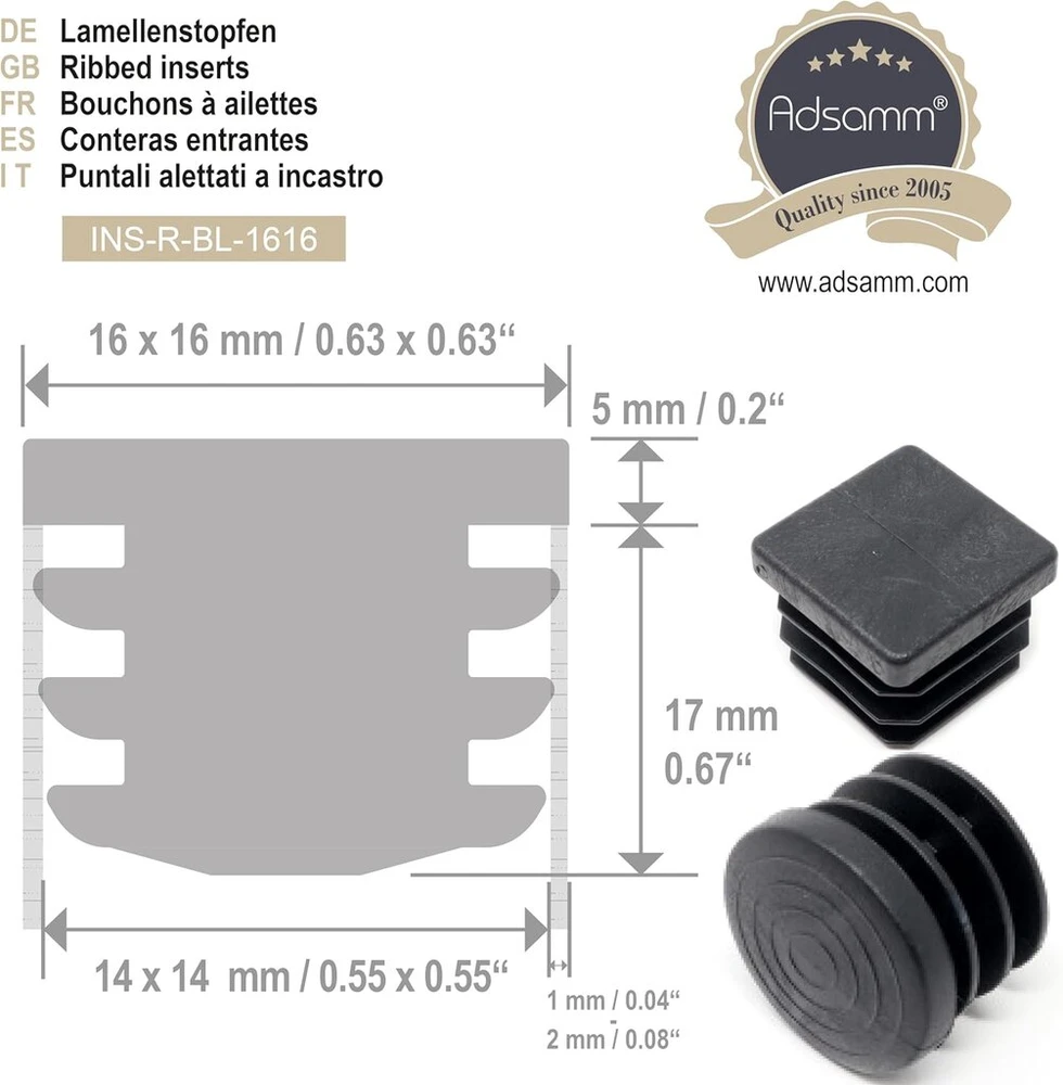 Adsamm® 100 x lameliniai kištukai, juodi, 12 x 12-14 x 14 mm, kvadratiniai, baldų slystukai plieninėms vamzdinėms kėdėms, galiniai dangteliai kvadratiniams vamzdžiams
