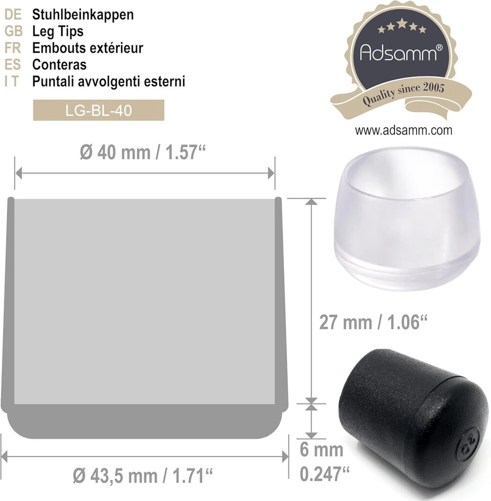Adsamm® 4 x kėdės kojų antgaliai, juodi, skersmuo 39–42 mm, apvalūs, apsauginiai kėdės kojų antgaliai, vamzdžių antgaliai apvalioms kėdės kojoms