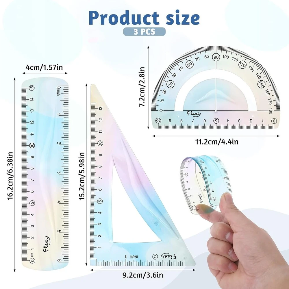 Aeaocvo 3 dalių liniuočių rinkinys, spalvinga lanksti minkšta liniuotė 15 cm, plastikinė lanksti nedūžtanti liniuotė vaikams, mokyklai, pradinei mokyklai, namams (tiesi liniuotė, trikampė liniuotė, transportyras)
