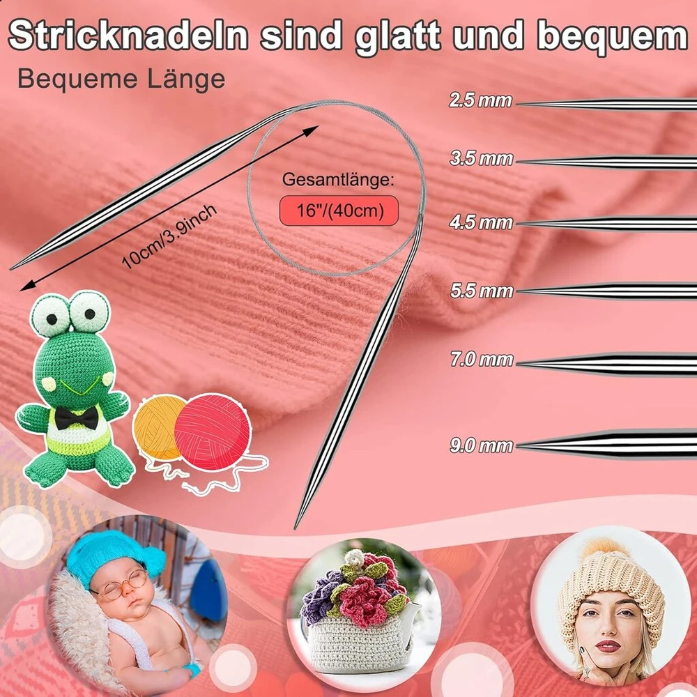 Aeeque rinkinys apskritų mezgimo virbalų 40 cm, 2,5 mm - 9,0 mm, 6 vnt nerūdijančio plieno mezgimo virbalų rinkinys, lengvi apvalūs mezgimo virbalai kepurėms, rankovėms, kojinėms, apskriti mezgimo virbalai