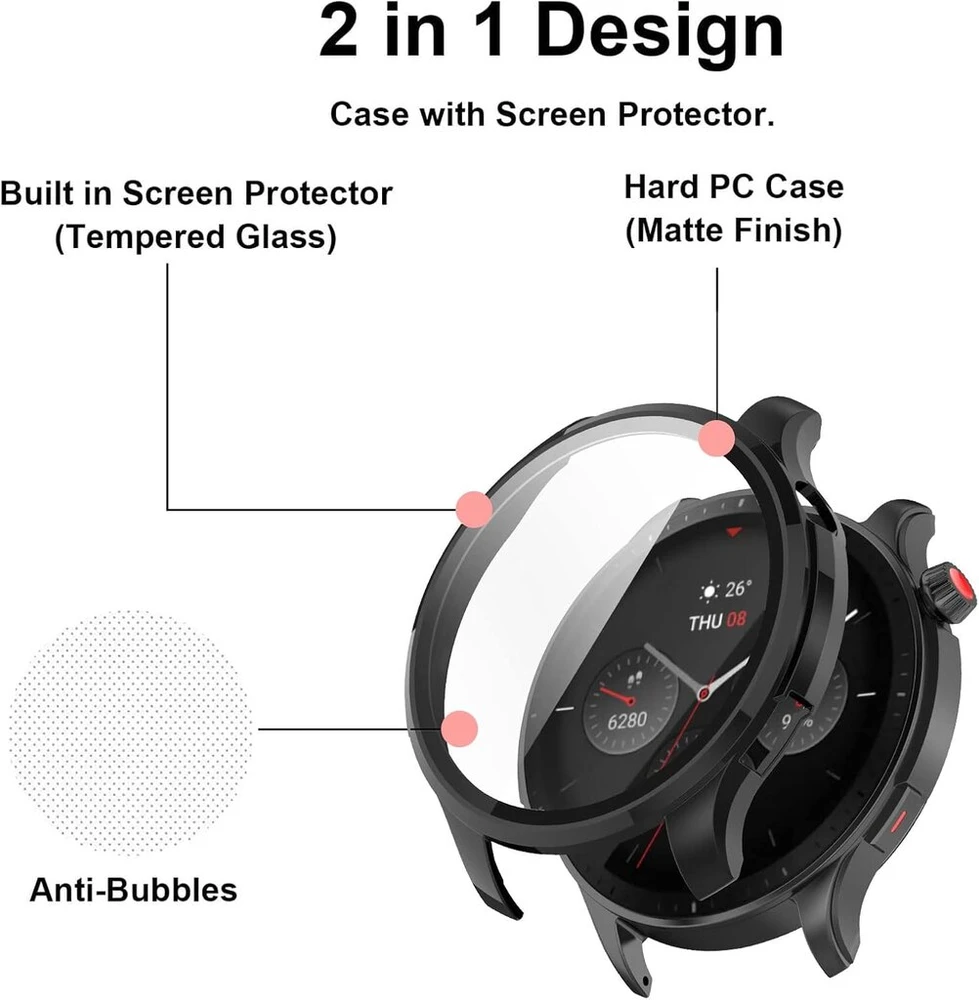 Aerku 2 vnt. kietas dėklas su ekrano apsauga, suderinamas su Amazfit Gtr 4 / Amazfit Gtr 4 Pro, pilna apsauga, įbrėžimams atsparus Pc apsauginis dėklas, juodas