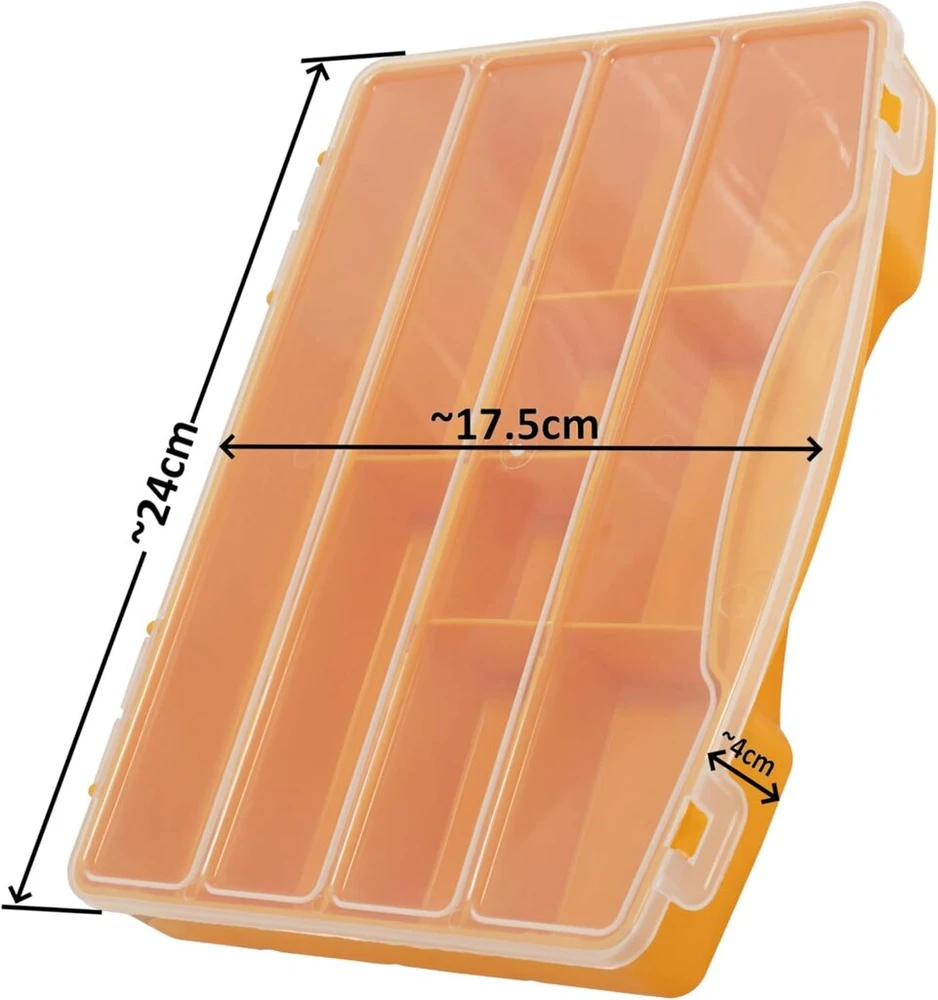 Aerzetix - C70185 - Dėžutė varžtams 24 x 17.5 x 4 cm su 10 skyrių - plastikinė - oranžinės ir skaidrios spalvos - sandarikliai, o-žiedai, varžtai, sraigtai, veržlės, poveržlės