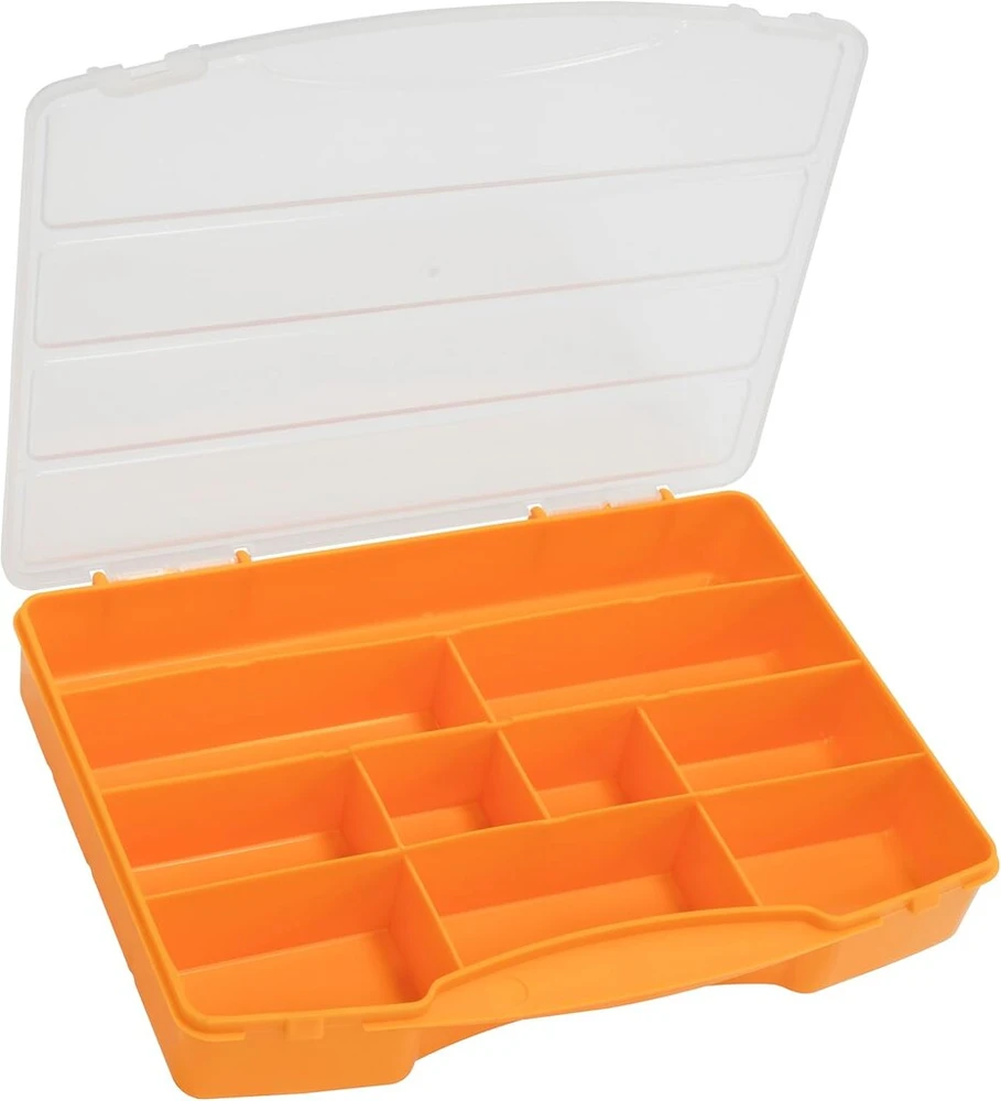Aerzetix - C70185 - Dėžutė varžtams 24 x 17.5 x 4 cm su 10 skyrių - plastikinė - oranžinės ir skaidrios spalvos - sandarikliai, o-žiedai, varžtai, sraigtai, veržlės, poveržlės