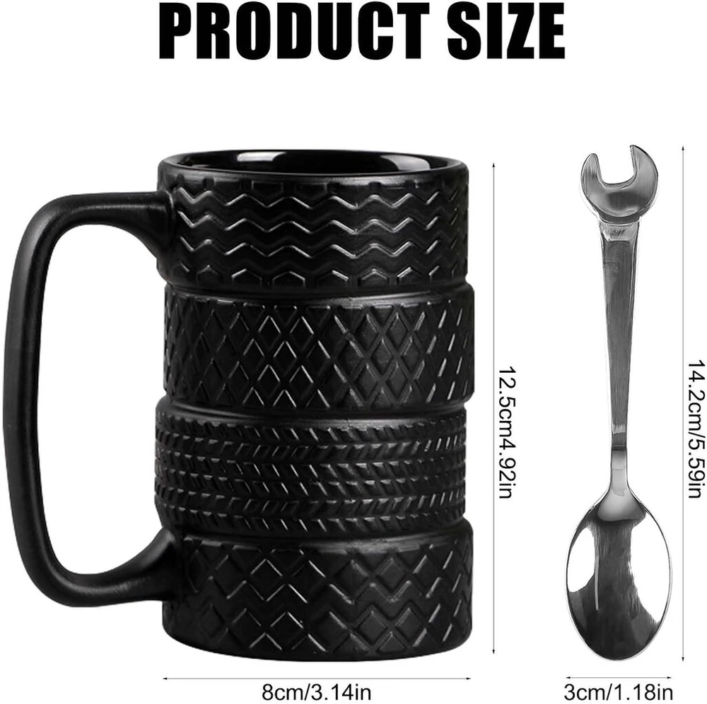Affek Design 500 ml puodelis padangos formos, keramikinis puodelis padangos formos su šaukšteliu, didelis 3d automobilio puodelis su rankena, keramikinis puodelis padangos formos kavai, arbatai, gėrimams, kavos puodeliai biuro ir automobilių mėgėjams, juokinga dovana