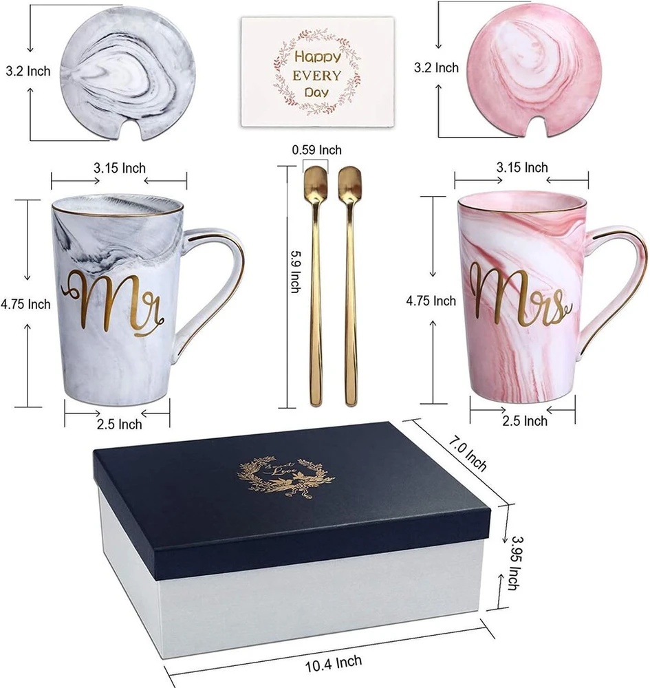 Affek Design Mr ir Mrs kavos puodeliai porai, vestuvių dovana jaunavedžiams, vestuvių dovanos porai / nuotakai ir jaunikiui, 400 ml keraminiai puodeliai, šaukšteliai ir dangteliai su atvirukais, graži dėžutė
