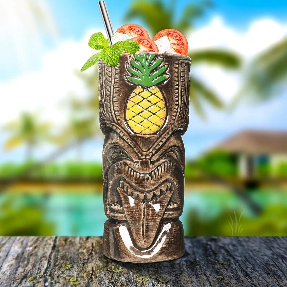 Affek Design Tiki puodelių rinkinys – 8 vnt. Keraminiai Havajų vakarėlių puodeliai gėrimams