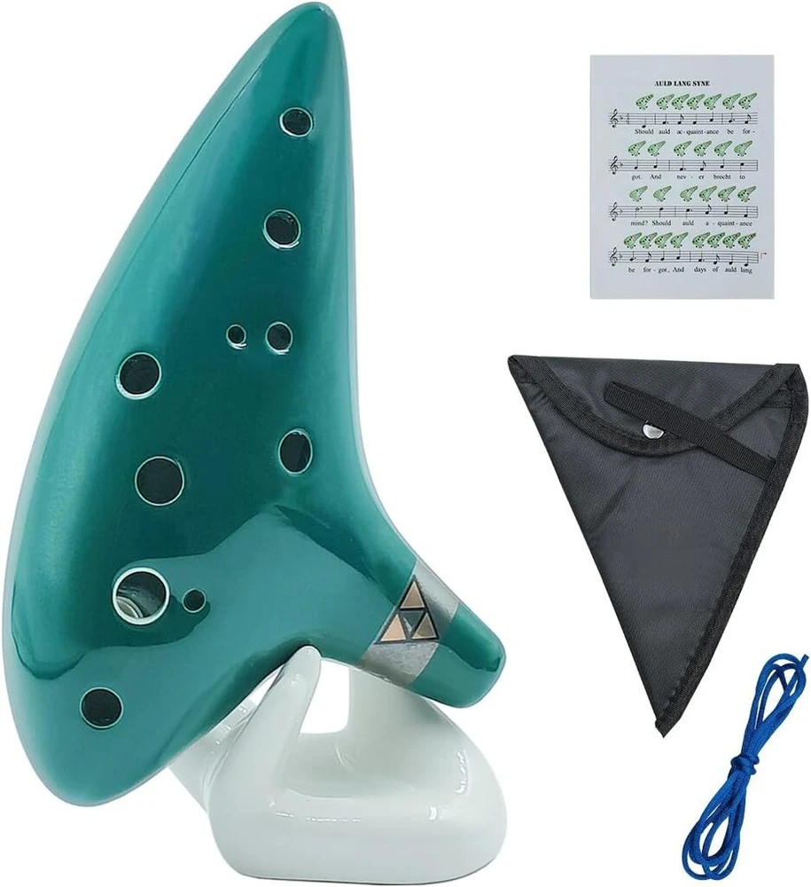 Afunta keraminė ocarina, 12 skylių, alt C muzikos instrumentas su dirželiu, dovanų dėžute, rankos formos stovu, juodu apsauginiu dėklu
