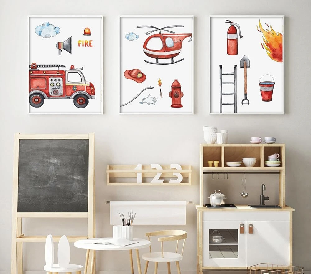 Plakatas Ag.art deco 3 plakatų rinkinys vaikų kambariui | 3 dalys A3 30 x 40 cm | gaisrinė mašina, ugniagesys | paveikslėlių rinkinys mergaitėms ir berniukams | be rėmo