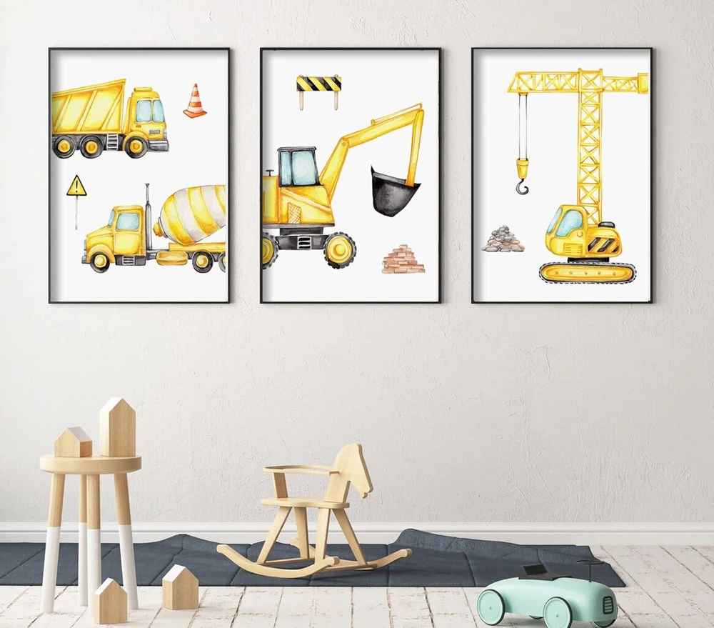 Plakatas Ag.art deco 3 vaikų kambario plakatų rinkinys | 3 dalys A3 30 x 40 cm | Geltonas kranas Ekskavatorius Vežimėlis Betono maišyklė Statybvietė | Paveikslėlių rinkinys mergaitėms ir berniukams | Be rėmo