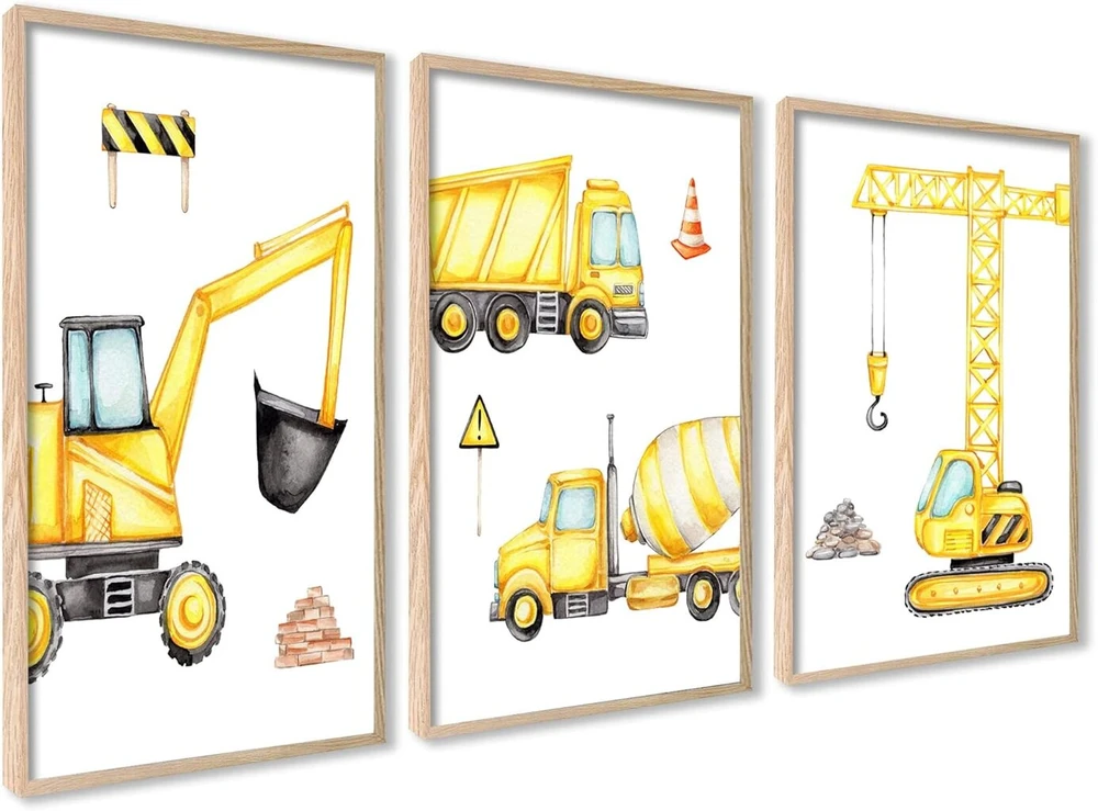 Plakatas Ag.art deco 3 vaikų kambario plakatų rinkinys | 3 dalys A3 30 x 40 cm | Geltonas kranas Ekskavatorius Vežimėlis Betono maišyklė Statybvietė | Paveikslėlių rinkinys mergaitėms ir berniukams | Be rėmo