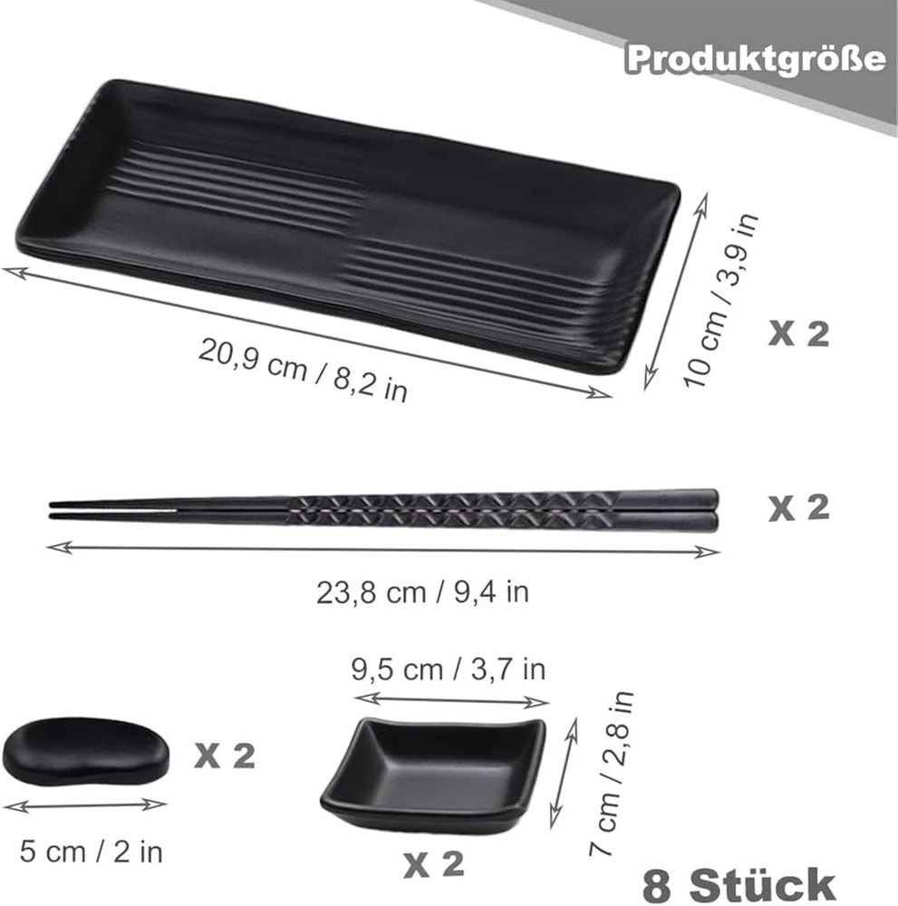 Aghoer 8 dalių sušių lėkštės rinkinys iš skalūno su padažinėmis 2 asmenims, 21 x 10 cm sušių indų skalūno lėkštės su lazdelėmis, laikymo suoliukai padažinės skalūno lėkštės