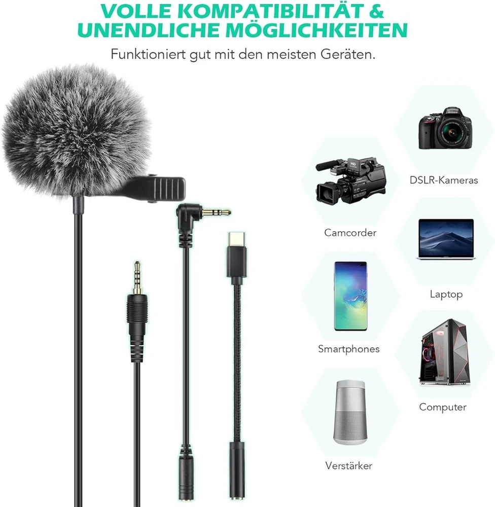 Agptek atvartinis mikrofonas, 2 m mini įvairiakryptis kondensatorius su 2 transformacijomis ir c tipo adapteriu bei apsauga nuo vėjo interviu, vaizdo konferencijoms, podcast'ams, diktavimui ir kt.