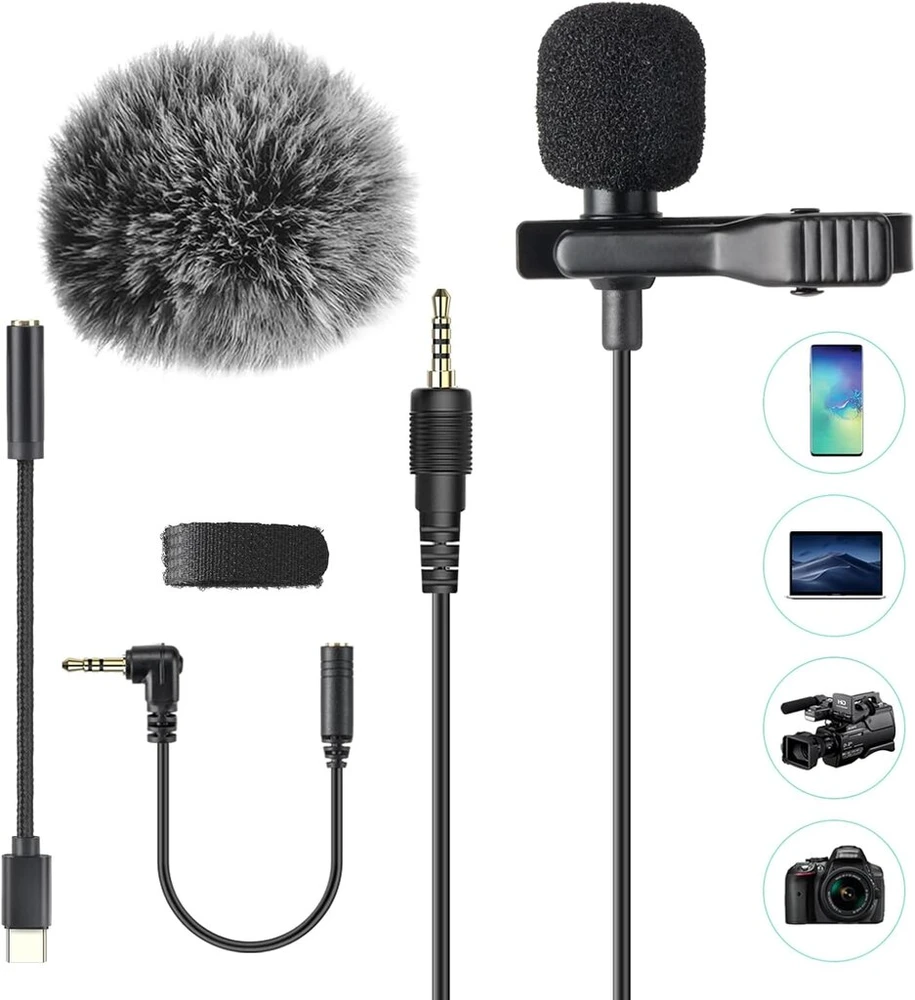 Agptek atvartinis mikrofonas, 2 m mini įvairiakryptis kondensatorius su 2 transformacijomis ir c tipo adapteriu bei apsauga nuo vėjo interviu, vaizdo konferencijoms, podcast'ams, diktavimui ir kt.