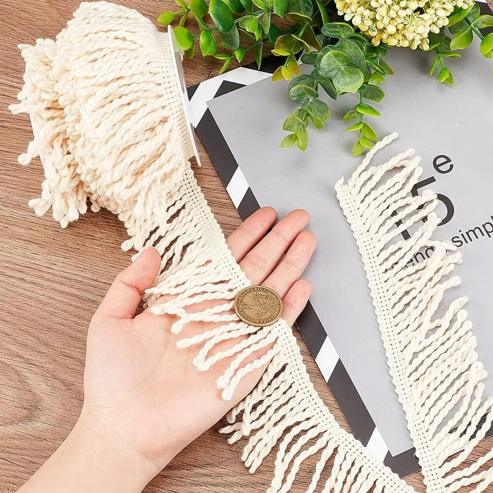 Ahandmaker 10 jardų užuolaidų kutų apdaila, smėlio spalvos audinio apdaila, medvilnės pluoštas, kutas, užuolaidų svareliai, kutai, siuvimas "pasidaryk pats" dekoravimui, užuolaida, sofa, drabužiai