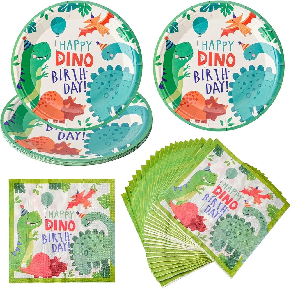Aibaobao dinozaurų gimtadienio vakarėlio rinkinys - 20 dinozaurų servetėlių ir 10 dino popierinių lėkščių, džiunglių gimtadienio stalo įrankių rinkinys berniukams vaikams, vakarėlio dekoracija su dino lėkštėmis, juokinga dovana