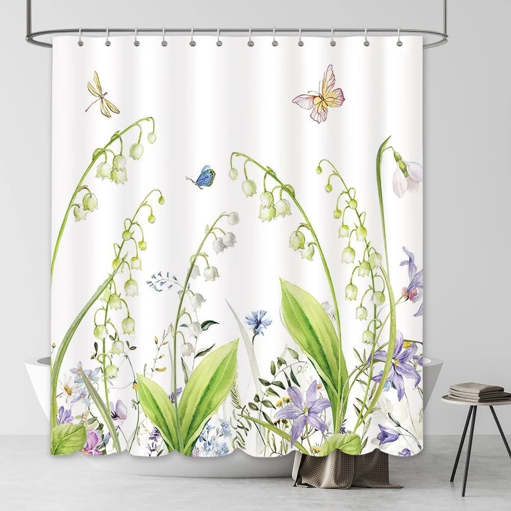 Aibiin dušo užuolaida „lily of the Valley“ pavasario gėlės, augalai, gamtos namų dekoras, vonios užuolaidos vonios kambariui, patvarus vandeniui atsparus audinys su 12 kabliukų, 180x180 cm, jm278