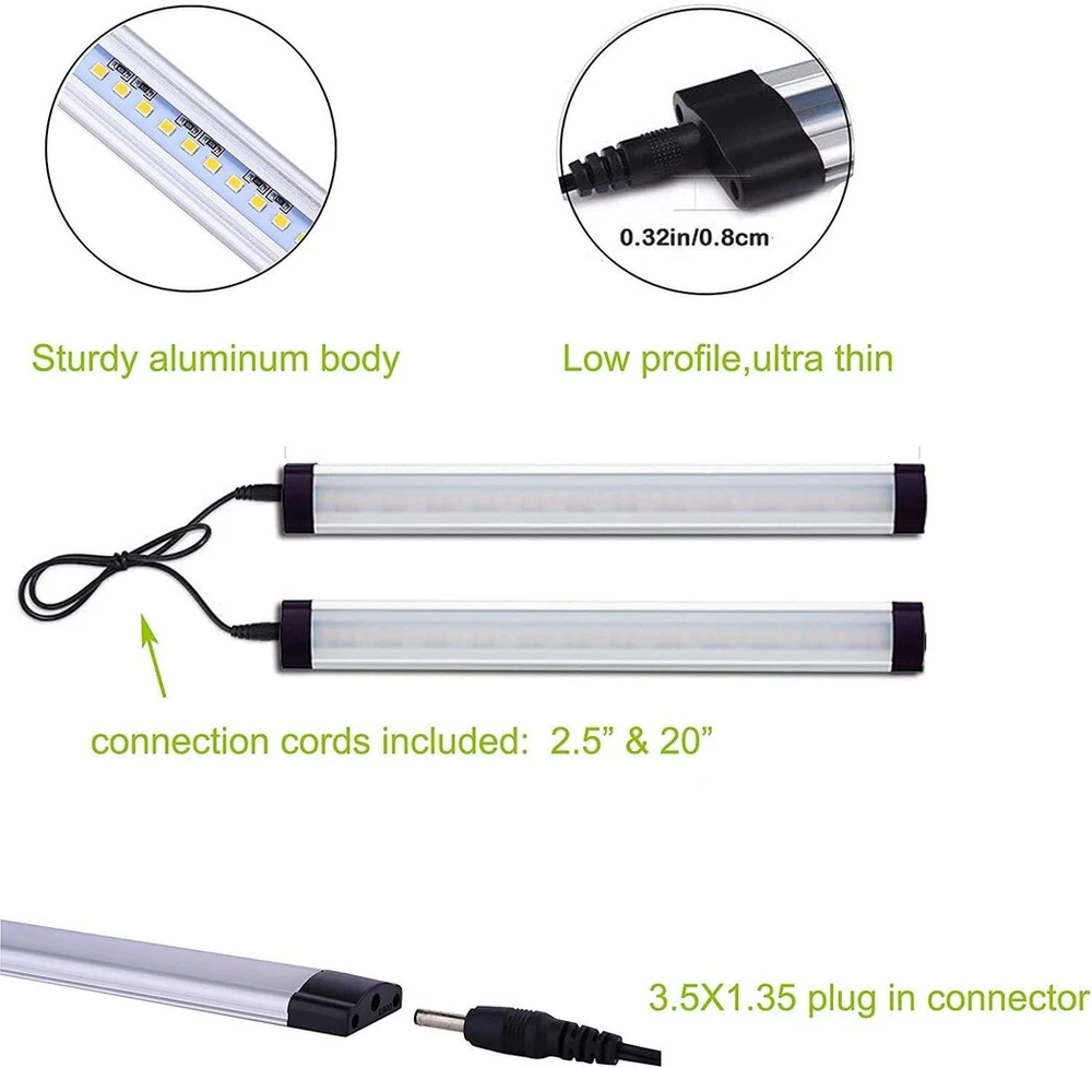 Aiboo Led apšvietimas po spintele virtuvei, reguliuojamas, su laidu, 6 vnt., 28 cm šviesos juosta, 12 V Led apšvietimas spintelei su jungikliu ir kištuku, apšvietimas spintelėms, lentynoms, vitrinoms (šiltai balta)