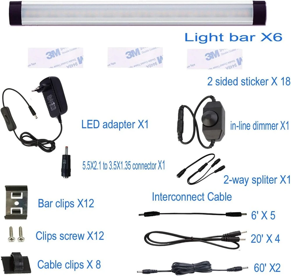 Aiboo Led apšvietimas po spintele virtuvei, reguliuojamas, su laidu, 6 vnt., 28 cm šviesos juosta, 12 V Led apšvietimas spintelei su jungikliu ir kištuku, apšvietimas spintelėms, lentynoms, vitrinoms (šiltai balta)