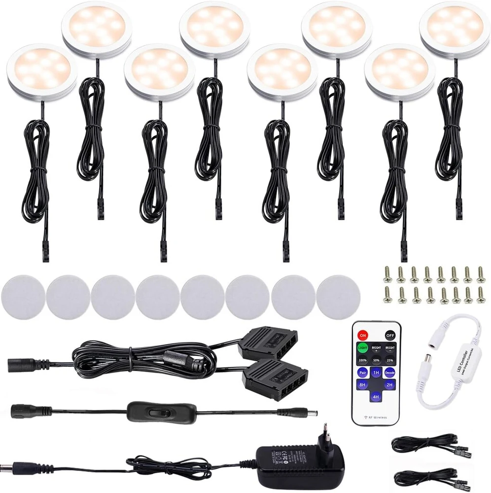 Aiboo led spintelių šviestuvai, pilnas 8 vnt. komplektas, po spintele montuojamas apšvietimas su nuotoliniu valdymu, virtuvės lempos, vitrinų apšvietimas, šilta balta, 2700 k, led šviestuvų rinkinys su visais priedais