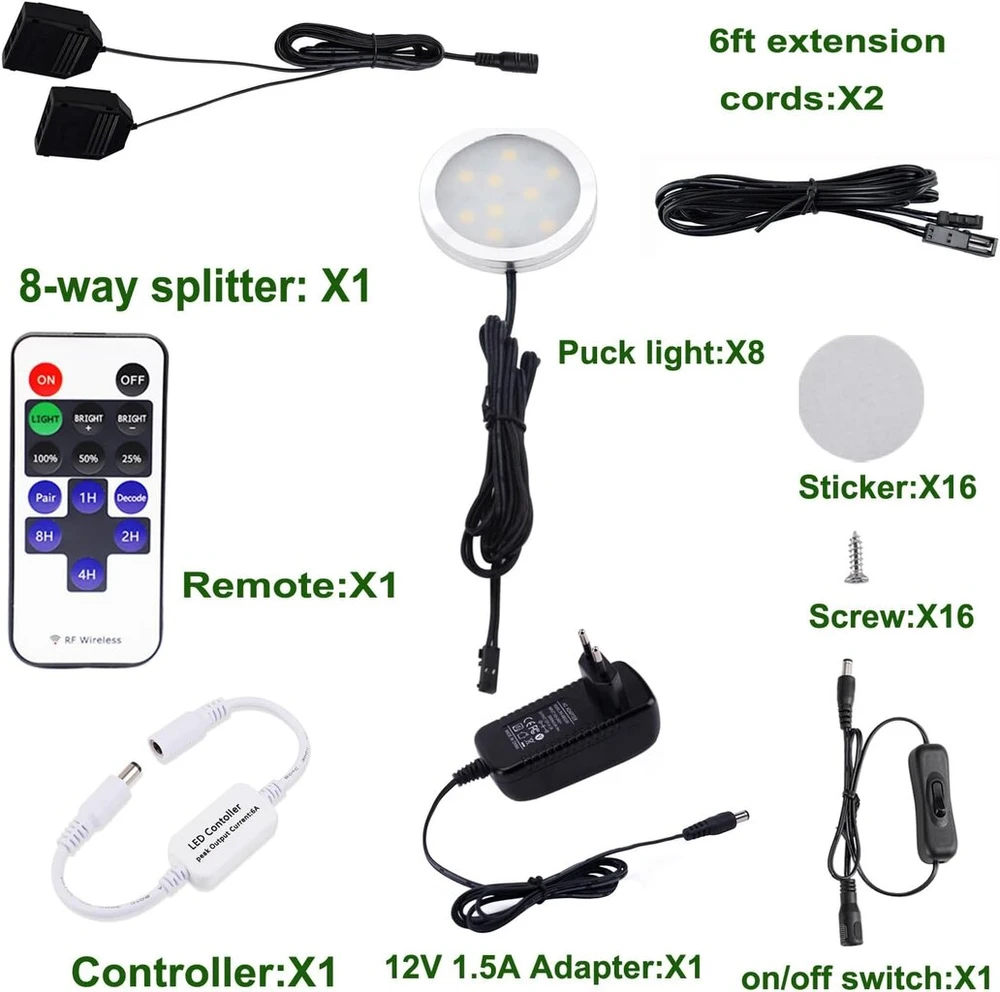 Aiboo led spintelių šviestuvai, pilnas 8 vnt. komplektas, po spintele montuojamas apšvietimas su nuotoliniu valdymu, virtuvės lempos, vitrinų apšvietimas, šilta balta, 2700 k, led šviestuvų rinkinys su visais priedais