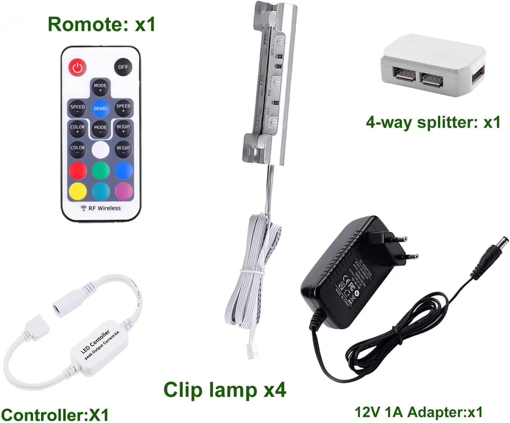Aiboo Stiklinis grindų apšvietimas, spalvotas, 4 vnt., Rgb spalvas keičiantis vitrinos apšvietimas, stiklo krašto apšvietimo spaustukai, Led spintelių apšvietimas su nuotolinio valdymo pulteliu