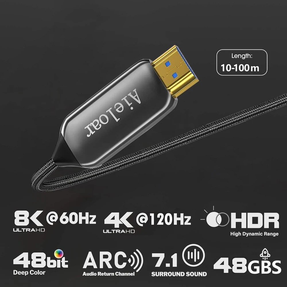 Aieloar Hdmi šviesolaidinis kabelis 10 m, Hdmi optinis kabelis 2.1 8k/60hz 48gbps didelio greičio Uhd šviesolaidinis Hdmi kabelis