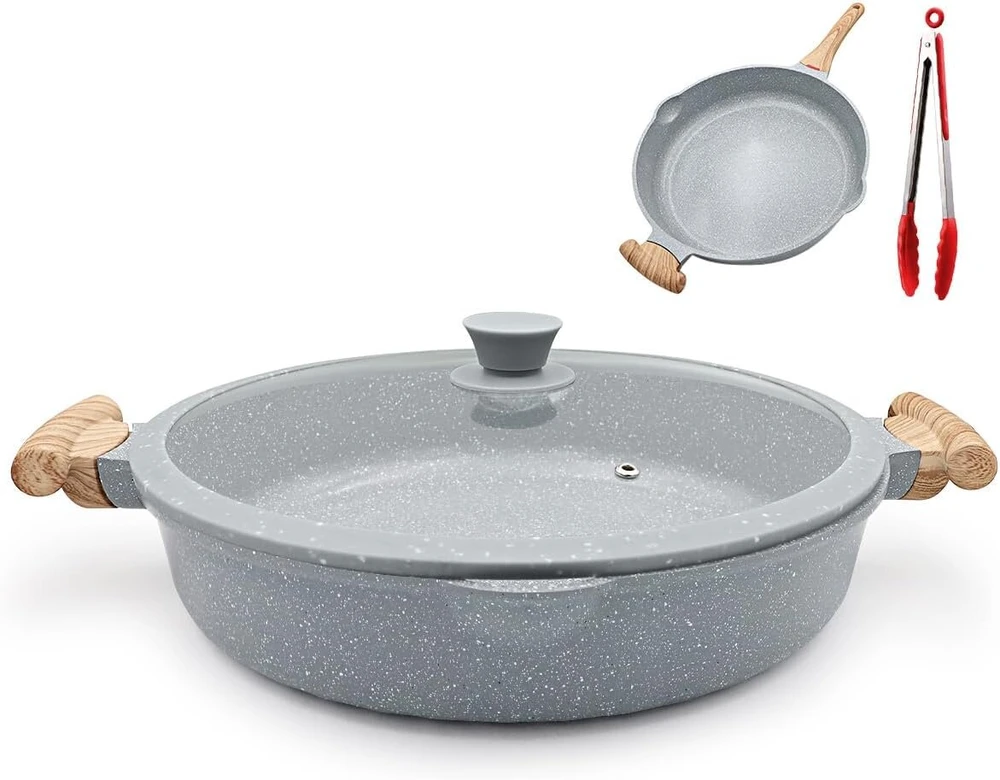 Aikenbbkk 2-in-1 keraminė keptuvė su dangčiu, 32 cm, neprideganti keraminė danga, netoksiška, be ptfe ir pfoa, tinka visoms viryklėms, mėlyna