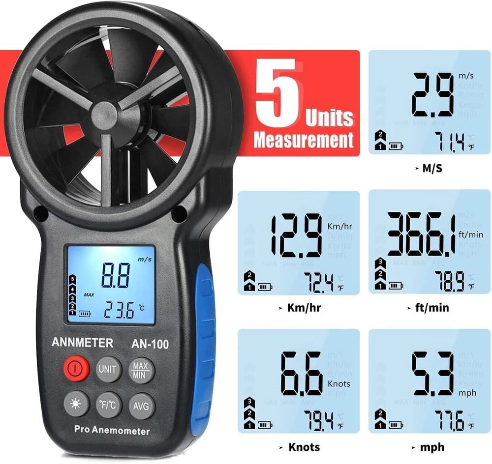 Aiomest ai-100 skaitmeninis anemometras, vėjo matuoklis, rankinis, vėjo matuoklis, cfm vėjo greičio matuoklis vėjo greičiui, temperatūrai, vėjo šalčio testeris, hvac