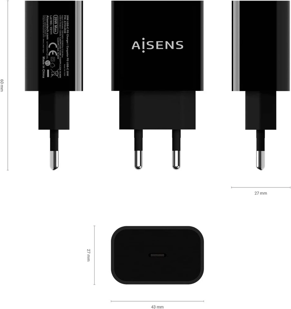 Aisens - A110-0538 - Usb-c Pd įkroviklis, 20w, 5v/3a, 9v/2.2a, 12v/1.66a, juodas