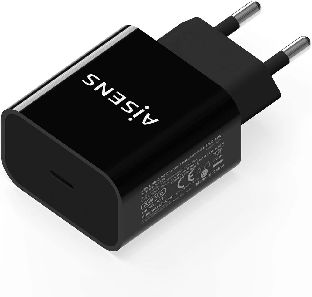 Aisens - A110-0538 - Usb-c Pd įkroviklis, 20w, 5v/3a, 9v/2.2a, 12v/1.66a, juodas