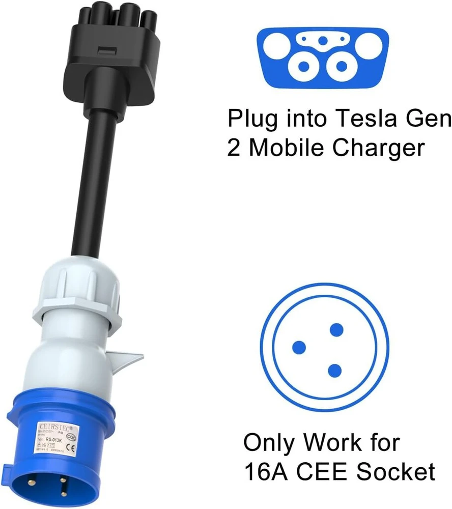 Aiskooc 3 kontaktų Cee į Tesla adapteris, 16a (kištuko skersmuo: 44 mm) 2 kartos Ev įkrovimo kabelio ilgintuvas, skirtas Tesla Model S/3/x/y, būtinas įžeminimas