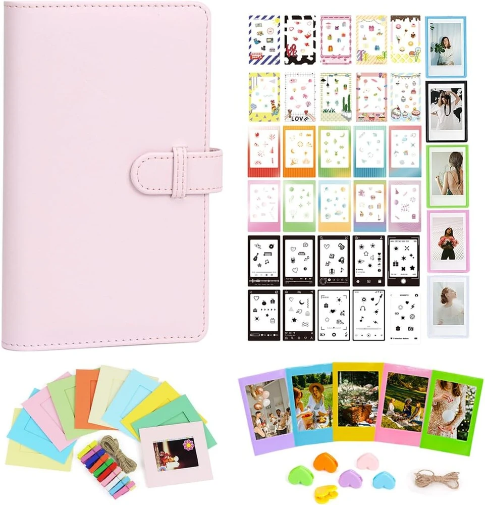 Objektyvas Aisnyho momentinių nuotraukų priedų rinkinys, skirtas Instax Mini Liplay 12 11 9 8+ 8 evo 99 Se 40 90 70 50s 26 25 7s fotoaparatams + albumas / nuotraukų lipdukai / mini rėmelis / spalvingi segtukai, rožinė - žydinti rožinė