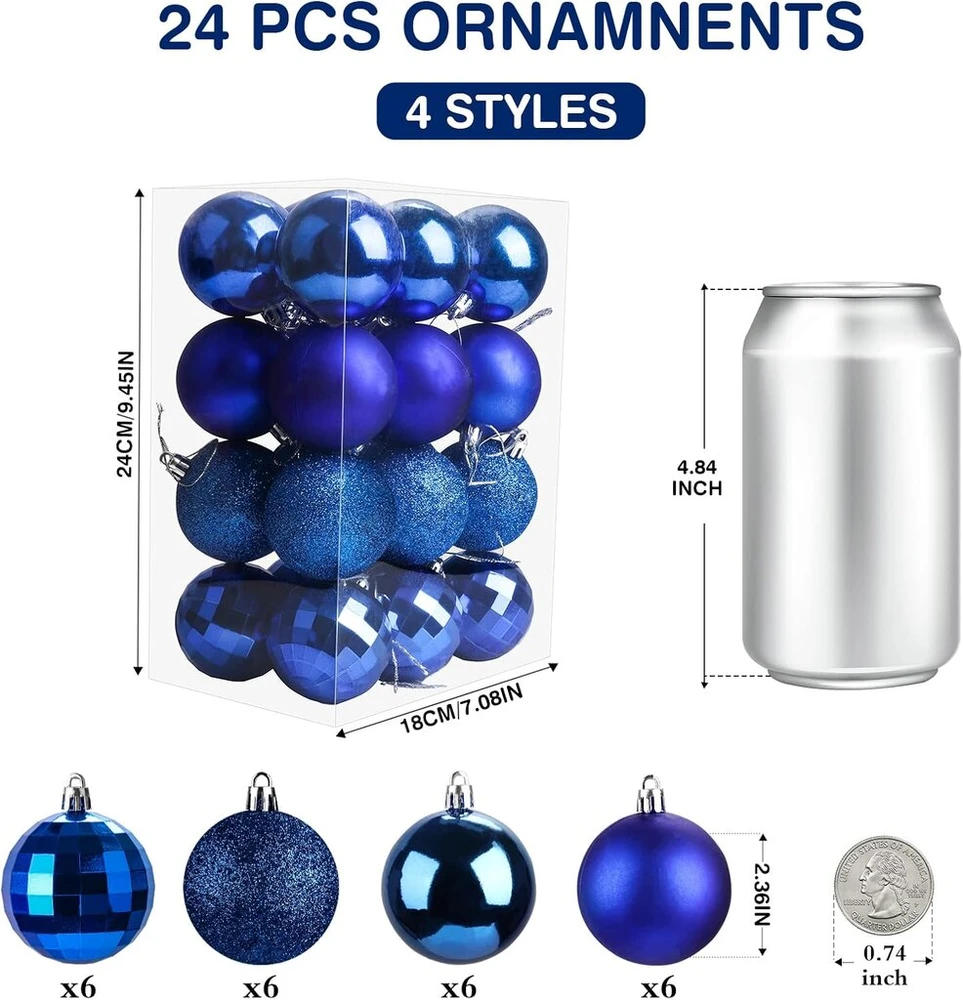 Aitsite Kalėdų eglutės žaisliukų rinkinys, 24 vnt., mėlyni, 6 cm, plastikiniai nedūžtantys kalėdiniai žaisliukai, skirti Kalėdų eglutei, Naujiesiems metams, šventiniai papuošalai